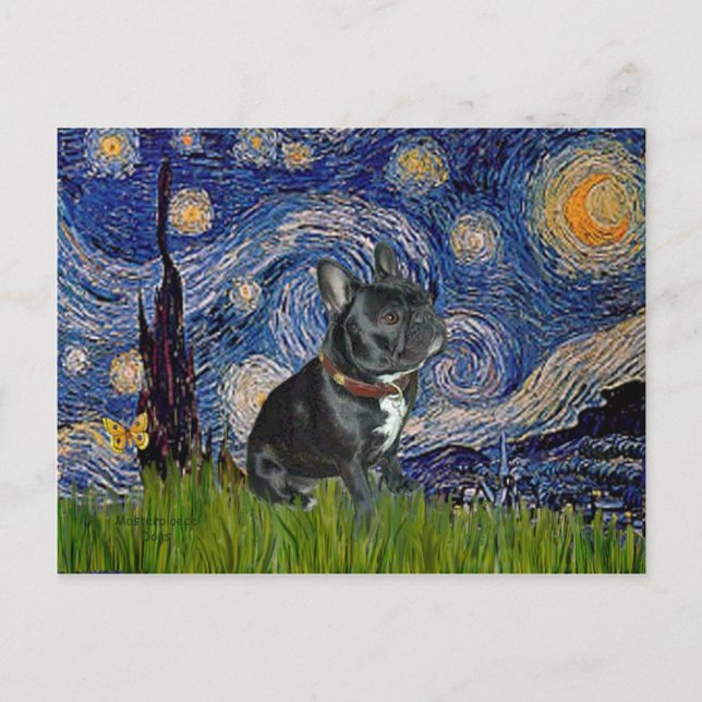 Carte Postale Chien-taureau français (noir 11) - Nuit étoilée (Devant)