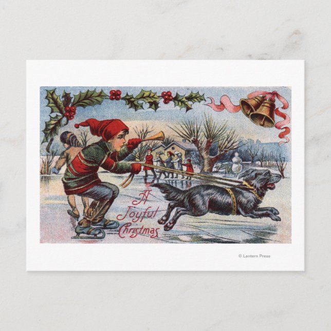 Carte Postale Chien tirant un enfant sur la patinage sur glace (Devant)