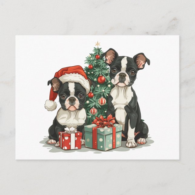 Carte Postale Chiens de Noël Boston Terrier (Devant)