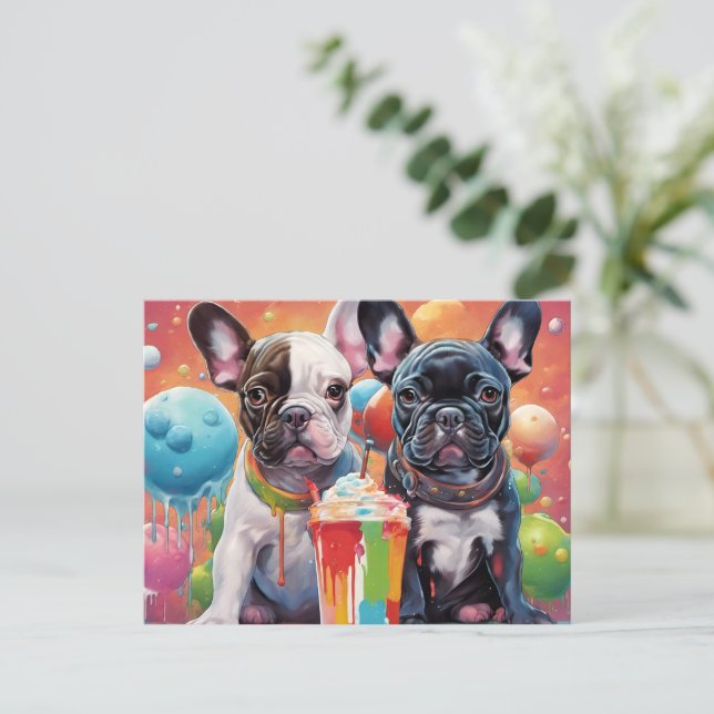 Carte Postale Chiens de taureau français, Milkshake (Debout devant)