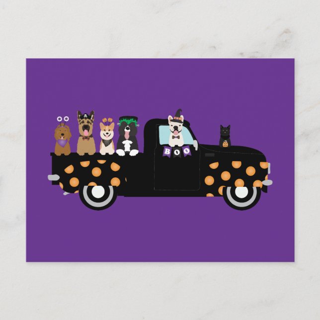 Carte Postale Chiens D'Halloween Dans Un Camion De Ramassage (Devant)