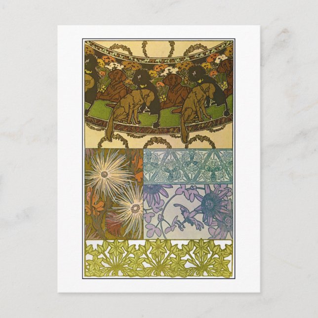 Carte Postale Chiens & Fleurs de style Art Nouveau, Mucha (Devant)