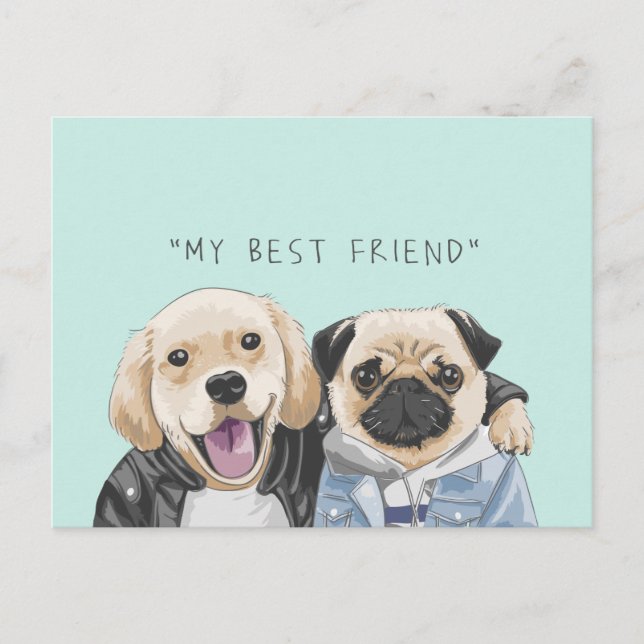 Carte Postale Chiens Golden Retriever & Pug Meilleurs Amis (Devant)