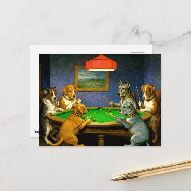 Carte Postale Chiens Jouant au Snooker Billard Détente Blague (Devant/Arrière en situation)