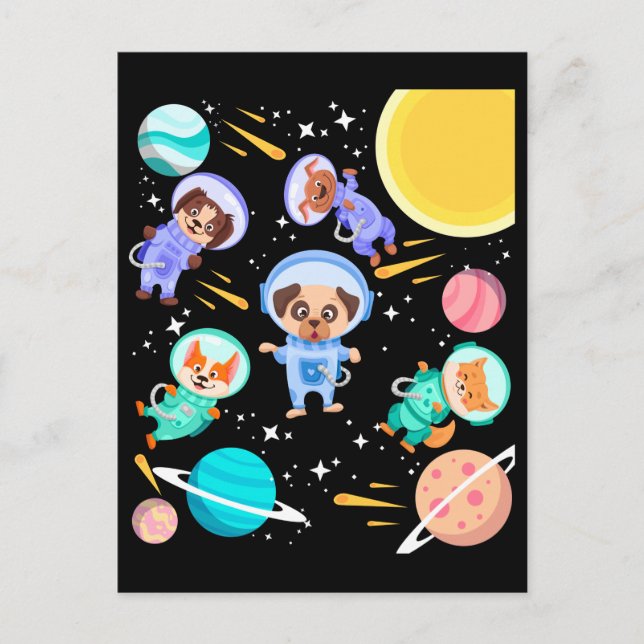 Carte Postale Chiens Mignons dans l'Espace Caressent les Astrona (Devant)