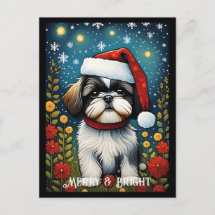Carte Postale Chih Tzu Fleur colorée Père Noël Chien Noël