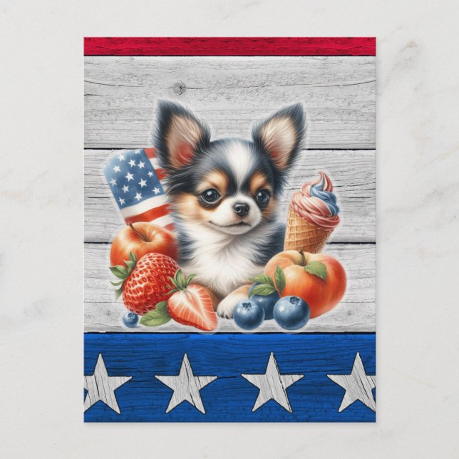 Carte Postale Chihuahua Patriotique Fruit USA Long Hair Chihuahu (Devant)