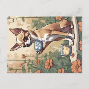 Carte Postale Chihuahua Sipping Thé dans le jardin