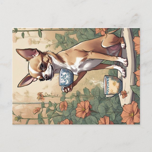 Carte Postale Chihuahua Sipping Thé dans le jardin (Devant)