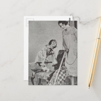 Carte Postale Child and Mother Vacuum Cleaning Black and White