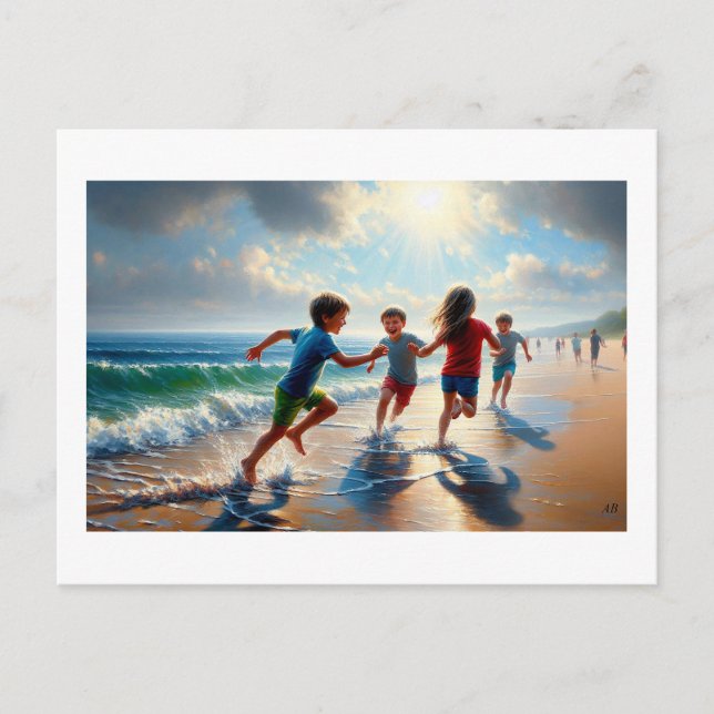 Carte Postale Children Playing On A Sunny Beach,  (Devant)
