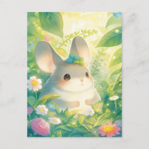 Carte Postale Chinchilla avec couronne de fleurs bleues dans un