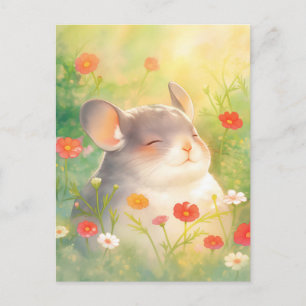 Carte Postale Chinchilla Joufflu Sourire dans Jardin de Fleurs R