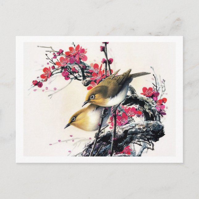 Carte Postale chine cool belle brune oiseau rouge cerisier (Devant)
