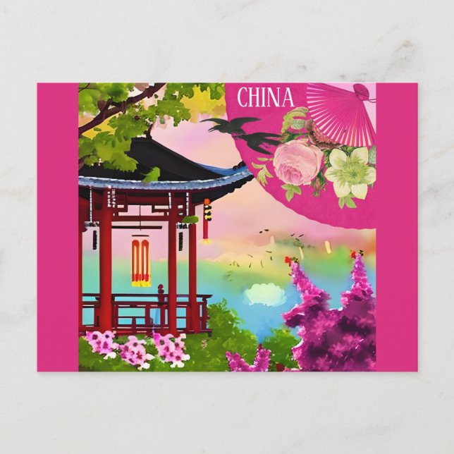 Carte Postale Chine Pagode chinoise Aquarelle Voyage (Devant)