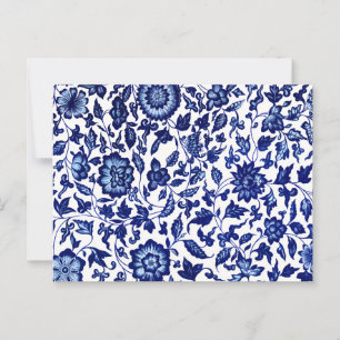Carte Postale Chinois bleu marine foncé motif floral sur blanc