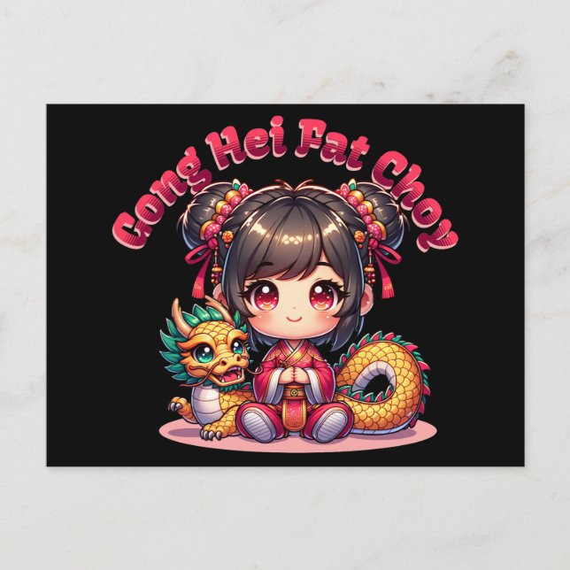 Carte Postale Chinoise Nouvel An Fille & Dragon (Devant)