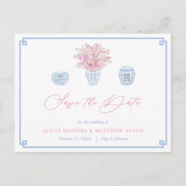 Carte Postale Chinoiserie Chic Rose Bleu Mariage Enregistrer La  (Devant)