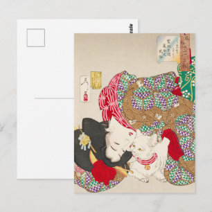 Carte Postale Chinoiserie Dame japonaise et chat en kimono Art