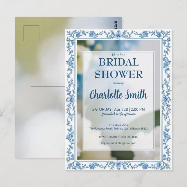 Carte Postale Chinoiserie élégante fleurs bleues pour mariage (Devant / Derrière)