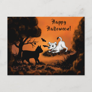 Carte Postale Chiot avec chat et chauve-souris noirs, Happy Hall