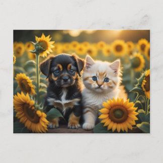 Carte Postale chiot et chaton avec tournesol