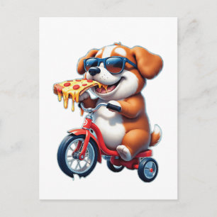 Carte Postale chiot faisant du vélo en mangeant de la pizza