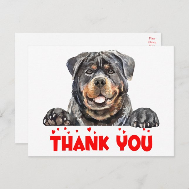 Carte Postale Chiot Mignon Aquarelle Rottweiler Merci (Devant / Derrière)