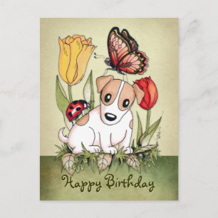 Carte Postale Chiot mignon avec papillon, coccinelle et tulipes