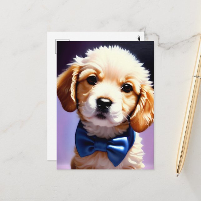 Carte Postale Chiot souple adorable avec jolie Cravate de Bow bl (Devant/Arrière en situation)