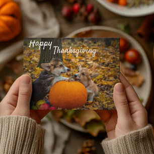 Carte Postale Chiots Corgi avec Citrouille Joyeux Thanksgiving