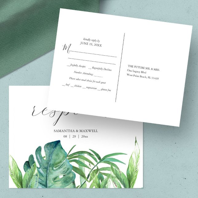 Carte Postale Choix de repas Mariage de palme tropicale RSVP (rsvp postcard features tropical monstera and palm leaves watercolor art by Victoria Grigaliunas)