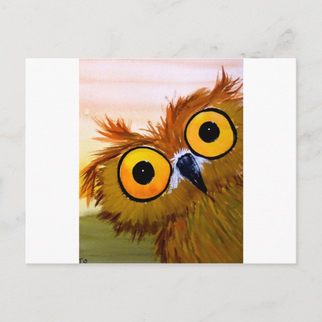 Carte Postale Chouette à visage aquarelle peinture oiseau drôle (Devant)