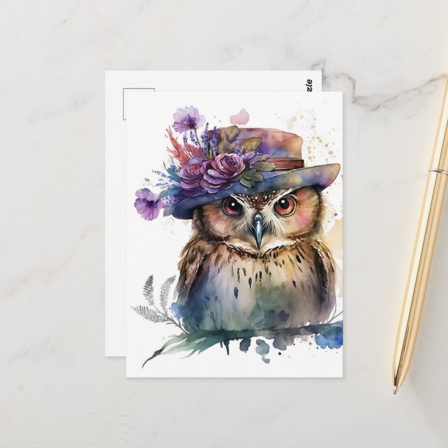 Carte Postale Chouette aquarelle adorable dans un Casquette (Devant/Arrière en situation)