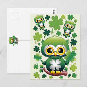 Carte Postale Chouette bébé mignon St Patrick dessin animé