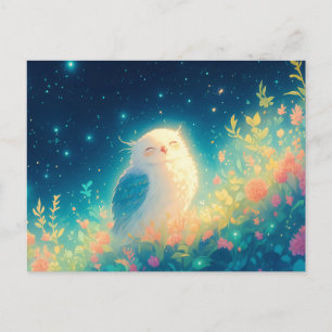 Carte Postale Chouette Blanche Lumineuse dans une Prairie Noctur