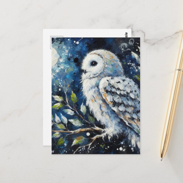 Carte Postale Chouette blanche sur branche dans la peinture lune (Devant/Arrière en situation)