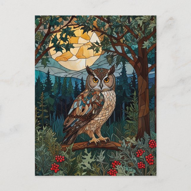 Carte Postale Chouette boho élégant tache de verre forêt boisée (Devant)