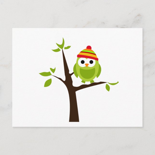 Carte Postale Chouette Chouette Oiseau Vert Casquette Snow Cute  (Devant)