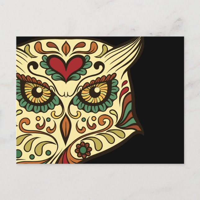 Carte Postale Chouette crâne à sucre - Design de tatouage (Devant)