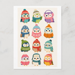Carte Postale Chouette de dessin animé d'hiver mignonne