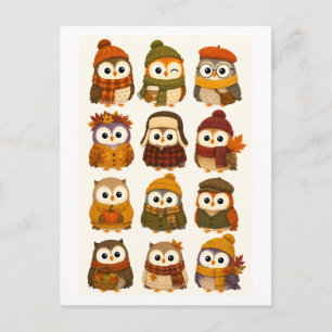 Carte Postale Chouette de dessin animé mignonne d'automne