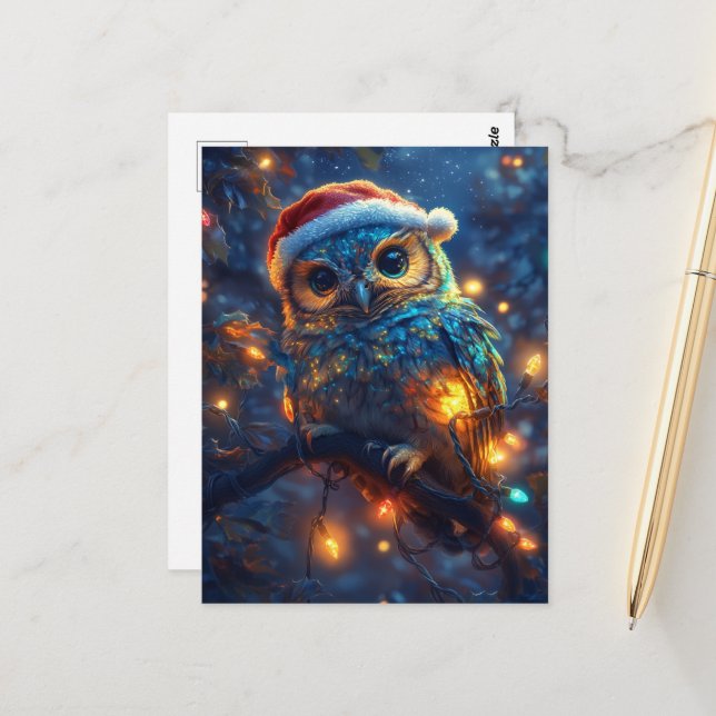 Carte Postale Chouette de Père Noël adorable et lumières (Devant/Arrière en situation)