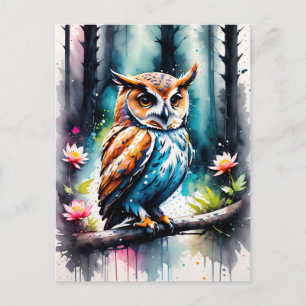 Carte Postale Chouette de style aquarelle éclaboussée élégante