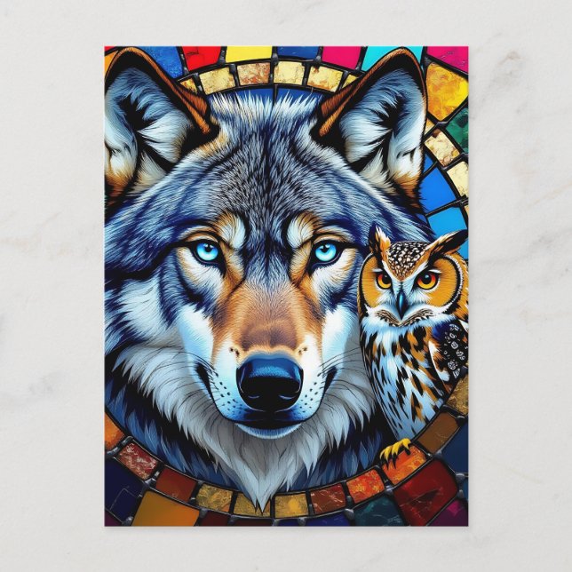 Carte Postale Chouette de style mosaïque et loup | Rester en con (Devant)