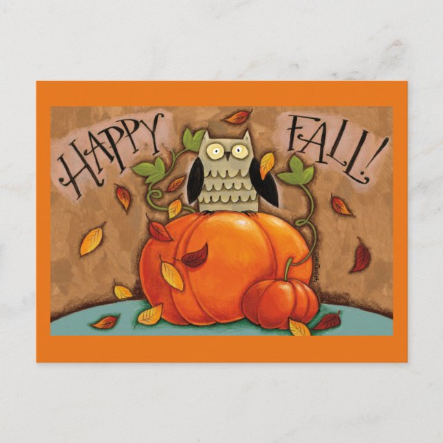 Carte Postale Chouette et citrouille de l'automne heureux (Devant)