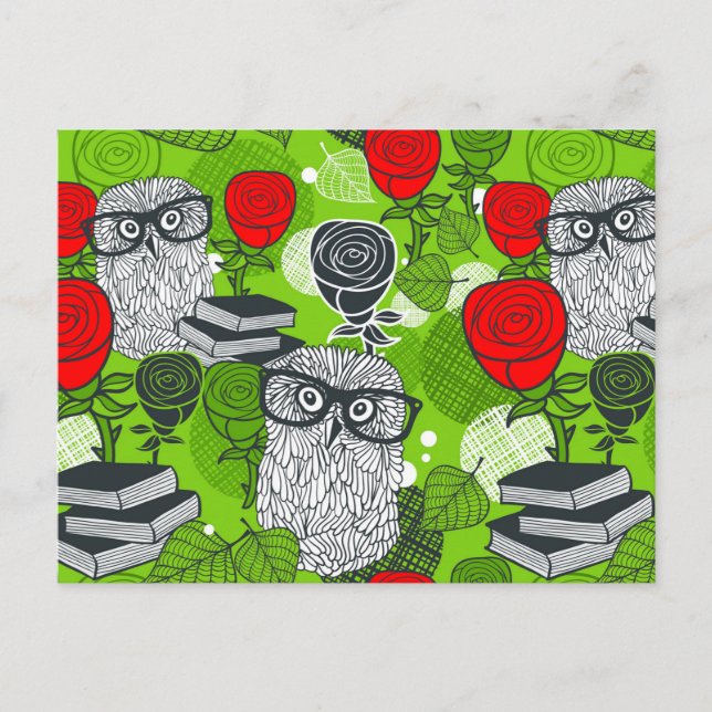 Carte Postale Chouette et roses rouges (Devant)