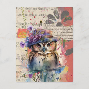 Carte Postale Chouette Fleur sauvage aquarelle Collage Vintage