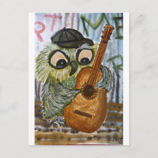 Carte Postale Chouette funky jouant de la guitare vieux mur d'aq