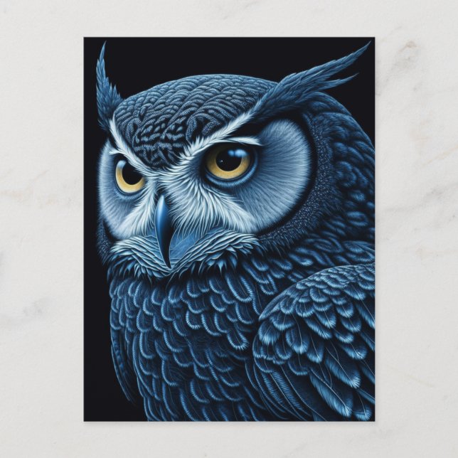 Carte Postale Chouette grave bleue et noire (Devant)